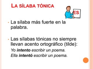 LA SÍLABA TÓNICA 
ES 
• La sílaba más fuerte en la 
palabra. 
• Las sílabas tónicas no siempre 
llevan acento ortográfico (tilde): 
Yo intento escribir un poema. 
Ella intentó escribir un poema. 
 