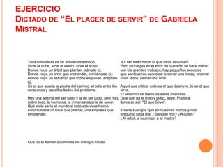 EJERCICIO 
DICTADO DE “EL PLACER DE SERVIR” DE GABRIELA 
MISTRAL 
Toda naturaleza es un anhelo de servicio. 
Sirve la nube, sirve el viento, sirve el surco. 
Donde haya un árbol que plantar, plántalo tú; 
Donde haya un error que enmendar, enmiéndalo tú; 
Donde haya un esfuerzo que todos esquivan, acéptalo 
tú. 
Sé el que aparta la piedra del camino, el odio entre los 
corazones y las dificultades del problema. 
Hay una alegría del ser sano y la de ser justo, pero hay, 
sobre todo, la hermosa, la inmensa alegría de servir. 
Qué triste sería el mundo si todo estuviera hecho, 
si no hubiera un rosal que plantar, una empresa que 
emprender. 
Que no te llamen solamente los trabajos fáciles 
¡Es tan bello hacer lo que otros esquivan! 
Pero no caigas en el error de que sólo se hace mérito 
con los grandes trabajos; hay pequeños servicios 
que son buenos servicios: ordenar una mesa, ordenar 
unos libros, peinar una niña. 
Aquel que critica, éste es el que destruye, tú sé el que 
sirve. 
El servir no es faena de seres inferiores. 
Dios que da el fruto y la luz, sirve. Pudiera 
llamarse así: "El que Sirve". 
Y tiene sus ojos fijos en nuestras manos y nos 
pregunta cada día: ¿Serviste hoy? ¿A quién? 
¿Al árbol, a tu amigo, a tu madre? 
 