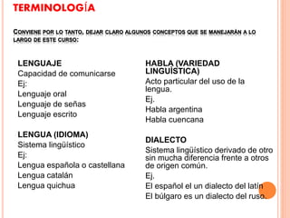 TERMINOLOGÍA 
CONVIENE POR LO TANTO, DEJAR CLARO ALGUNOS CONCEPTOS QUE SE MANEJARÁN A LO 
LARGO DE ESTE CURSO: 
LENGUAJE 
Capacidad de comunicarse 
Ej: 
Lenguaje oral 
Lenguaje de señas 
Lenguaje escrito 
LENGUA (IDIOMA) 
Sistema lingüístico 
Ej: 
Lengua española o castellana 
Lengua catalán 
Lengua quichua 
HABLA (VARIEDAD 
LINGUÌSTICA) 
Acto particular del uso de la 
lengua. 
Ej. 
Habla argentina 
Habla cuencana 
DIALECTO 
Sistema lingüístico derivado de otro 
sin mucha diferencia frente a otros 
de origen común. 
Ej. 
El español el un dialecto del latín 
El búlgaro es un dialecto del ruso. 
 