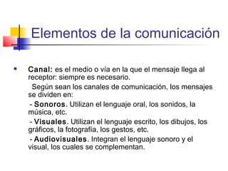 Elementos de la comunicación 
 Canal: es el medio o vía en la que el mensaje llega al 
receptor: siempre es necesario. 
Según sean los canales de comunicación, los mensajes 
se dividen en: 
- Sonoros. Utilizan el lenguaje oral, los sonidos, la 
música, etc. 
- Visuales. Utilizan el lenguaje escrito, los dibujos, los 
gráficos, la fotografía, los gestos, etc. 
- Audiovisuales. Integran el lenguaje sonoro y el 
visual, los cuales se complementan. 
 