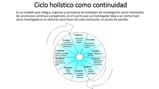 Ciclo holístico como continuidad
Es un modelo que integra, organiza y concatena los holotipos de investigación como momentos
de un proceso continuo y progresivo, en el cual lo que un investigador deja a un cierto nivel,
otros investigadores lo retoman para hacer de cada conclusión un punto de partida.
 