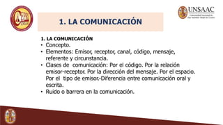 1. LA COMUNICACIÓN
1. LA COMUNICACIÓN
• Concepto.
• Elementos: Emisor, receptor, canal, código, mensaje,
referente y circunstancia.
• Clases de comunicación: Por el código. Por la relación
emisor-receptor. Por la dirección del mensaje. Por el espacio.
Por el tipo de emisor.-Diferencia entre comunicación oral y
escrita.
• Ruido o barrera en la comunicación.
 