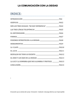 LA COMUNICACIÓN CON LA DEIDAD


INDICE:
INTRODUCCIÓN _________________________________________________________ PAG

GRÁFICOS. _______________________________________________________________ PAG2

SON LOS TRES IGUALES, “NO HAY DIFERENCIA” ____________________ PAG4

LAS TRES LÍNEAS TELEFÓNICAS ______________________________________ PAG5

EL SINTONIZADOR ______________________________________________________ PAG6

FORMAS __________________________________________________________________ PAG7

PODEMOS INTRESTECER A LA DEIDAD. ______________________________ PAG8

HERRAMIENTAS. ________________________________________________________ PAG9

LA CLAVE. _______________________________________________________________ PAG10

EL A.D.N. _________________________________________________________________ PAG11

RESPALDO DE TODO LO ESCRITO. ____________________________________ PAG12

EL OIDO Y LOS OJOS DE LA DEIDAD. __________________________________ PAG13

LA LUZ Y LA SOMNBRA QUE NOS ALUMBRA Y PROTEGE. __________ PAG13

CONCLUSIÓN. ____________________________________________________________ PAG14




I




Emanación que se exhala del cuerpo- Emanación irradiación- descarga eléctrica casi imperceptible
 