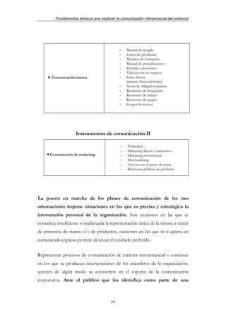 Fundamentos teóricos que explican la comunicación interpersonal del portavoz




                                             -    Manual de acogida
                                             -    Cartas del presidente
                                             -    Módulos de formación
                                             -    Manual de procedimientos
                                             -    Periódico electrónico
                                             -    Videorevista de empresa
       Comunicación interna                  -    Línea directa
                                                  (intranet/línea telefónica)
                                             -    Notas de obligada respuesta
                                             -    Reuniones de integración
                                             -    Reuniones de trabajo
                                             -    Reuniones de equipo
                                             -    Grupos de mejora




                    Instrumentos de comunicación II

                                              -   Publicidad
                                              -   Marketing directo e interactivo
      Comunicación de marketing               -   Marketing promocional
                                              -   Merchandising
                                              -   Acciones en el punto de venta
                                              -   Relaciones públicas de producto




La puesta en marcha de los planes de comunicación de las tres
orientaciones impone situaciones en las que es precisa y estratégica la
intervención personal de la organización. Son ocasiones en las que se
considera insuficiente o inadecuada la representación única de la misma a través
de presencia de marca o/y de productos, ocasiones en las que ni si quiera un
comunicado expreso permite alcanzar el resultado preferido.


Representan procesos de comunicación de carácter circunstancial o continuo
en los que se producen intervenciones de los miembros de la organización,
quienes de algún modo se convierten en el soporte de la comunicación
corporativa. Ante el público que los identifica como parte de una



                                        64
 