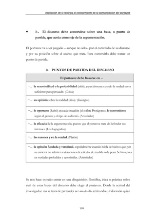 Aplicación de la retórica al conocimiento de la comunicación del portavoz




       B. El discurso debe construirse sobre una base, o punto de
       partida, que actúa como eje de la argumentación.


El portavoz va a ser juzgado – aunque no sólo– por el contenido de su discurso
y por su posición sobre el asunto que trata. Para construirlo debe tomar un
punto de partida.


                B. PUNTOS DE PARTIDA DEL DISCURSO

                            El portavoz debe basarse en ...

   ... la verosimilitud o la probabilidad (eikós), especialmente cuando la verdad no es
      suficiente para persuadir. (Corax)

   ... su opinión sobre la realidad (dôxa). (Georgias)


   ... lo oportuno (kairós) en cada situación (el sofista Protágoras), lo conveniente
      según el género y el tipo de auditorio. (Aristóteles)

   ... la eficacia de la argumentación, puesto que el portavoz trata de defender sus
      intereses. (Los logógrafos)

   ... las razones y en la verdad. (Platón)


   ... la opinión fundada y verosímil, especialmente cuando habla de hechos que por
      su carácter no admiten valoraciones de cálculo, de medida o de peso. Se basa pues
      en verdades probables y verosímiles. (Aristóteles)




Se nos hace extraño entrar en una disquisición filosófica, ética o práctica sobre
cuál de estas bases del discurso debe elegir el portavoz. Desde la actitud del
investigador no se trata de pretender ser uno de ellos criticando o valorando quién




                                              199
 