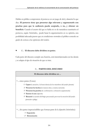 Aplicación de la retórica al conocimiento de la comunicación del portavoz




Hablar en público compromete al portavoz en un juego de decir y demostrar lo que
dice. El portavoz tiene que presentar algo relevante y argumentarlo con
pruebas para que la audiencia pueda aceptarlo, o no, y obtener un
beneficio. Cuando el asunto del que se habla no es de naturaleza cuantitativa el
portavoz, según Aristóteles, puede basar la argumentación en su opinión, una
posibilidad adecuada puesto que en condiciones normales el público concede un
grado de certeza a las opiniones del orador.




        C. El discurso debe dividirse en partes.


Cada parte del discurso cumple una función, está interrelacionada con las demás
y se adapta al tipo de situación de que se trate.



                                 C. PARTES DEL DISCURSO

                               El discurso debe dividirse en ...


    ... cinco partes (Corax):
·         · 1ª Captar la atención y la benevolencia de los miembros del jurado (proemio)
           · 2ª Presentar los hechos de manera clara y concisa (narración)
           · 3ª Presentar las pruebas de confirmación y refutación (argumentación)
           · 4ª Ilustrar el caso (digresión)
           · 5ª Resumir la cuestión del litigio procurando provocar la emoción del jurado
               (peroración o epílogo)




    ... dos partes imprescindibles que forman parte de la dispositio (Aristóteles):
            · 1ª Exposición
           · 2ª Demostración




                                                 201
 