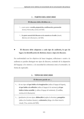 Aplicación de la retórica al conocimiento de la comunicación del portavoz




                            C. PARTES DEL DISCURSO

                      El discurso debe dividirse en ...

         ... cuatro partes: exordio, proposición, confirmación y peroración.
            (Gómez Hermosilla, retórica del XIX)


         ... La parte esencial del discurso en la oratoria es el estilo (elocutio).
            (Retórica de la Ilustración y del XIX)




         El discurso debe adaptarse a cada tipo de auditorio, lo que da
       lugar a la identificación de distintas clases o tipos de discurso.


En conformidad con los objetivos de hacer imaginar, reflexionar o sentir a la
audiencia se pueden distinguir tres tipos de discurso, resultado de la adaptación
del lenguaje a los mismos y a la necesidad de coherencia entre el contenido y la
forma de expresarlo.



                            D. TIPOS DE DISCURSO

                                El discurso puede ser ...

   ... de tres tipos: el que habla a la imaginación (utiliza el lenguaje del ingenio),
       el que habla a la reflexión (utiliza el lenguaje de las máximas) y el que
       habla al alma sensible (y utiliza el lenguaje del sentimiento). (Condillac,
       retórica de la Ilustración)

   ... (predicativo) de tres tipos: didascálico (explica la doctrina), panegírico
       (alaba a los hombres ilustres) y exhortativo (dirige a los fieles hacia la
       virtud). (Yus, retórica del XIX)




                                                 353
 