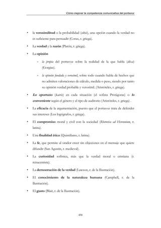 Cómo mejorar la competencia comunicativa del portavoz




la verosimilitud o la probabilidad (eikós), una opción cuando la verdad no
es suficiente para persuadir (Corax, r. griega).

La verdad y la razón (Platón, r. griega).

La opinión

    -      la propia del portavoz sobre la realidad de la que habla (dôxa)
           (Gorgias).

    -      la opinión fundada y verosímil, sobre todo cuando habla de hechos que
           no admiten valoraciones de cálculo, medida o peso, siendo por tanto
           su opinión verdad probable y verosímil. (Aristóteles, r. griega).

Lo oportuno (kairós) en cada situación (el sofista Protágoras) o lo
conveniente según el género y el tipo de auditorio (Aristóteles, r. griega) .

La eficacia de la argumentación, puesto que el portavoz trata de defender
sus intereses (Los logógrafos, r. griega).

El compromiso moral y civil con la sociedad (Rhetorica ad Herennium, r.
latina).

Una finalidad ética (Quintiliano, r. latina).

La fe, que permite al orador creer sin objeciones en el mensaje que quiere
difundir (San Agustín, r. medieval).

La curiosidad sofística, más que la verdad moral o cristiana (r.
renacentista).

La demostración de la verdad (Lawson, r. de la Ilustración).

El conocimiento de la naturaleza humana (Campbell, r. de la
Ilustración).

El gusto (Blair, r. de la Ilustración).




                                       456
 
