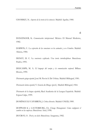 Fuentes




CHOMSKY, N. Aspectos de la teoría de la sintaxis. Madrid: Aguilar, 1980.




                                                                                   d

DANZINGER, K. Comunicación interpersonal. México: El Manual Moderno,
1982.


DARWIN, C. La expresión de las emociones en los animales y en el hombre. Madrid:
Alianza, 1984.


DENET, D. C. La conciencia explicada. Una teoría interdisciplinar. Barcelona:
Paidós, 1995.


DESCAMPS, M. A. El lenguaje del cuerpo y la comunicación corporal. Bilbao:
Deusto, 1990.


Diccionario griego-español, José M. Pavón S. De Urbina. Madrid: Biblograf, 1981.


Diccionario latino-español, V. García de Diego (prol.). Madrid: Biblograf, 1964.


Diccionario de la lengua española, Real Academia de la Lengua Española. Madrid:
Espasa Calpe, 1999.


DOMÍNGUEZ CAPARRÓS, J. Crítica literaria. Madrid: UNED, 1989.


DOPPLER K y LAUTERBURG, Ch. Change Management. Cómo configurar el
cambio en las empresas. Barcelona: Ariel, 1998.

DUCROT, O. Decir y no decir. Barcelona: Anagrama, 1982.




                                           506
 