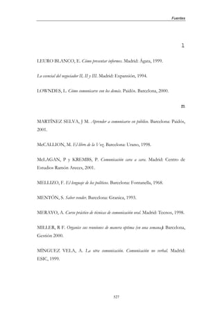 Fuentes




                                                                               l

LEURO BLANCO, E. Cómo presentar informes. Madrid: Ágata, 1999.


Lo esencial del negociador II, II y III. Madrid: Expansión, 1994.


LOWNDES, L. Cómo comunicarse con los demás. Paidós. Barcelona, 2000.


                                                                               m

MARTÍNEZ SELVA, J M. Aprender a comunicarse en público. Barcelona: Paidós,
2001.


McCALLION, M. El libro de la Voz. Barcelona: Urano, 1998.


McLAGAN, P y KREMBS, P. Comunicación cara a cara. Madrid: Centro de
Estudios Ramón Areces, 2001.


MELLIZO, F. El lenguaje de los políticos. Barcelona: Fontanella, 1968.


MENTÓN, S. Saber vender. Barcelona: Granica, 1993.


MERAYO, A. Curso práctico de técnicas de comunicación oral. Madrid: Tecnos, 1998.


MILLER, R F. Organice sus reuniones de manera optima (en una semana). Barcelona,
Gestión 2000.


MÍNGUEZ VELA, A. La otra comunicación. Comunicación no verbal. Madrid:
ESIC, 1999.




                                             527
 