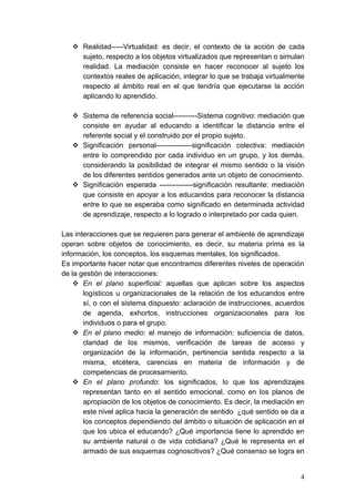  Realidad-----Virtualidad: es decir, el contexto de la acción de cada
     sujeto, respecto a los objetos virtualizados que representan o simulan
     realidad. La mediación consiste en hacer reconocer al sujeto los
     contextos reales de aplicación, integrar lo que se trabaja virtualmente
     respecto al ámbito real en el que tendría que ejecutarse la acción
     aplicando lo aprendido.

    Sistema de referencia social----------Sistema cognitivo: mediación que
     consiste en ayudar al educando a identificar la distancia entre el
     referente social y el construido por el propio sujeto.
    Significación personal---------------significación colectiva: mediación
     entre lo comprendido por cada individuo en un grupo, y los demás,
     considerando la posibilidad de integrar el mismo sentido o la visión
     de los diferentes sentidos generados ante un objeto de conocimiento.
    Significación esperada --------------significación resultante: mediación
     que consiste en apoyar a los educandos para reconocer la distancia
     entre lo que se esperaba como significado en determinada actividad
     de aprendizaje, respecto a lo logrado o interpretado por cada quien.

Las interacciones que se requieren para generar el ambiente de aprendizaje
operan sobre objetos de conocimiento, es decir, su materia prima es la
información, los conceptos, los esquemas mentales, los significados.
Es importante hacer notar que encontramos diferentes niveles de operación
de la gestión de interacciones:
     En el plano superficial: aquellas que aplican sobre los aspectos
       logísticos u organizacionales de la relación de los educandos entre
       sí, o con el sistema dispuesto: aclaración de instrucciones, acuerdos
       de agenda, exhortos, instrucciones organizacionales para los
       individuos o para el grupo.
     En el plano medio: el manejo de información: suficiencia de datos,
       claridad de los mismos, verificación de tareas de acceso y
       organización de la información, pertinencia sentida respecto a la
       misma, etcétera, carencias en materia de información y de
       competencias de procesamiento.
     En el plano profundo: los significados, lo que los aprendizajes
       representan tanto en el sentido emocional, como en los planos de
       apropiación de los objetos de conocimiento. Es decir, la mediación en
       este nivel aplica hacia la generación de sentido ¿qué sentido se da a
       los conceptos dependiendo del ámbito o situación de aplicación en el
       que los ubica el educando? ¿Qué importancia tiene lo aprendido en
       su ambiente natural o de vida cotidiana? ¿Qué le representa en el
       armado de sus esquemas cognoscitivos? ¿Qué consenso se logra en


                                                                           4
 