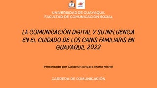 LA COMUNICACIÓN DIGITAL Y SU INFLUENCIA
EN EL CUIDADO DE LOS CANIS FAMILIARIS EN
GUAYAQUIL 2022
UNIVERSIDAD DE GUAYAQUIL
FACULTAD DE COMUNICACIÓN SOCIAL
Presentado por Calderón Endara María Mishel
CARRERA DE COMUNICACIÓN
 