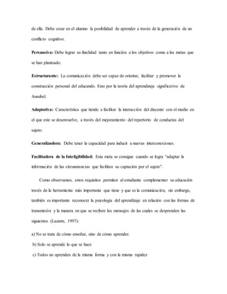 de ella. Debe crear en el alumno la posibilidad de aprender a través de la generación de un 
conflicto cognitivo. 
Persuasiva: Debe lograr su finalidad tanto en función a los objetivos como a las metas que 
se han planteado. 
Estructurante: La comunicación debe ser capaz de orientar, facilitar y promover la 
construcción personal del educando. Esto por la teoría del aprendizaje significativo de 
Ausubel. 
Adaptativa: Característica que tiende a facilitar la interacción del discente con el medio en 
el que este se desenvuelve, a través del mejoramiento del repertorio de conductas del 
sujeto. 
Generalizadora: Debe tener la capacidad para inducir a nuevas interconexiones. 
Facilitadora de la Inteligibilidad: Esta meta se consigue cuando se logra “adaptar la 
información de las circunstancias que facilitan su captación por el sujeto”. 
Como observamos, estos requisitos permiten al estudiante complementar su educación 
través de la herramienta más importante que tiene y que es la comunicación, sin embargo, 
también es importante reconocer la psicología del aprendizaje en relación con las formas de 
transmisión y la manera en que se reciben los mensajes de las cuales se desprenden las 
siguientes (Lazarte, 1997): 
a) No se trata de cómo enseñar, sino de cómo aprender. 
b) Solo se aprende lo que se hace 
c) Todos no aprenden de la misma forma y con la misma rapidez 
 