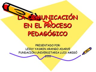 LA COMUNICACIÓN EN EL PROCESO PEDAGÓGICO PRESENTADO POR: LEIDY YASMIN ARANGO ADARVE FUNDACIÓN UNIVERSITARIA LUIS AMIGÓ 2010 