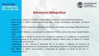 Referencias bibliográficas
o Barrera, S. R., & Gómez, E. R. (2004). Fundamentos de enfermería. Editorial El Manual Moderno.
o Reyes Gómez, E. (2009). Fundamentos de enfermería ciencia, metodología y tecnología . El Manual
Moderno.
o Gómez, E. R. (2015). Fundamentos de enfermería Ciencia, metodología y tecnología. Editorial El Manual
Moderno.
o Tazón Anzola P. Relación y comunicación en enfermería. Primera edición. Barcelona, España:Masson;
2008.
o Sánchez Saldívar P, Aguirre H, Córdoba MA, Campos M, Araboleya H. La calidad de la comunicación
enfermera paciente en los centros de la jurisdicción sanitaria. Benito Juárez en México D.F. Revista
Conamed. 2009,14 (1):20-28.
o Mugüemburg R. M.C. Valencia A, Hernandez MC, et al. Diseño y validación de inventario de
comportamiento de enfermeras en comunicación, observado por pacientes. De próxima aparición 2013
o Rico Beltrán, C. (2007). Comunicación y Continuidad de Cuidados. El sistema de las tres "C".
Temperamentvm, 6.
 