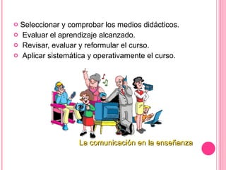Seleccionar y comprobar los medios didácticos. Evaluar el aprendizaje alcanzado. Revisar, evaluar y reformular el curso. Aplicar sistemática y operativamente el curso. La comunicación en la enseñanza 