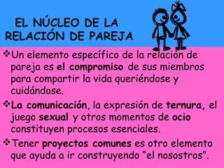 EL NÚCLEO DE LA
RELACIÓN DE PAREJA
Un elemento específico de la relación de
pareja es el compromiso de sus miembros
para ...