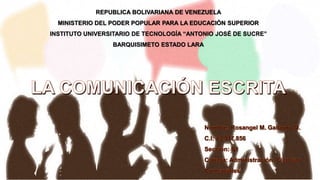 REPUBLICA BOLIVARIANA DE VENEZUELA
MINISTERIO DEL PODER POPULAR PARA LA EDUCACIÓN SUPERIOR
INSTITUTO UNIVERSITARIO DE TECNOLOGÍA “ANTONIO JOSÉ DE SUCRE”
BARQUISIMETO ESTADO LARA
 