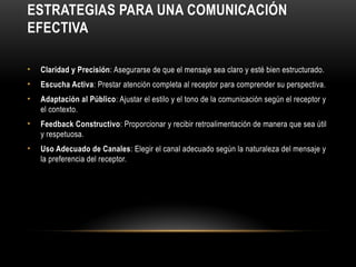ESTRATEGIAS PARA UNA COMUNICACIÓN
EFECTIVA
• Claridad y Precisión: Asegurarse de que el mensaje sea claro y esté bien estructurado.
• Escucha Activa: Prestar atención completa al receptor para comprender su perspectiva.
• Adaptación al Público: Ajustar el estilo y el tono de la comunicación según el receptor y
el contexto.
• Feedback Constructivo: Proporcionar y recibir retroalimentación de manera que sea útil
y respetuosa.
• Uso Adecuado de Canales: Elegir el canal adecuado según la naturaleza del mensaje y
la preferencia del receptor.
 