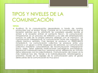 TIPOS Y NIVELES DE LA
COMUNICACIÓN
TIPOS
   Auditiva: Es la comunicación desarrollada a través de sonidos
    producidos por el emisor Visual: Consiste en la comunicación que el
    receptor percibe por la vistaTáctil: Se considera aquella donde el
    emisor y el receptor entran el contacto físico1.- la comunicación
    intrapersonal: es un proceso de reflexión y no sale del ámbitoprivado
    porque no sale de la propia persona (diálogo con el mismo).2.- La
    comunicación interpersonal: la comunicación entre dos individuos. Se
    utilizan loscinco sentidos. Casi siempre se produce un FREED-BACK
    inmediato.3.- La comunicación colectiva: se produce entre una
    persona y un grupo o entre dosgrupos de personas. La comunicación
    colectiva mantiene características de lacomunicación interpersonal:
    boca- oreja. Tiene además implicaciones psicológicas ysociológicas.
    Separación individual/colectivo, personal social, diferencias en función
    detus relaciones con la colectividad.4.- Comunicación de masas: es la
    más habitual hoy día. Tiende a la individualización. Esheterogenia y
    anónima. Incide en la rapidez de la comunicación pero el grado
    derecuerdo de la comunicación es muy poco
 