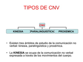 TIPOS DE CNV Existen tres ámbitos de estudio de la comunicación no verbal: kinesia, paralingüística y proxémica. La  KINESIA  se ocupa de la comunicación no verbal expresada a través de los movimientos del cuerpo.  CNV KINESIA PARALINGUISTICA PROXEMICA 