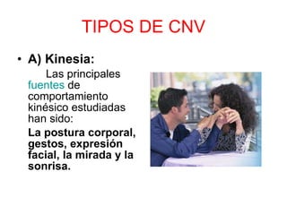 TIPOS DE CNV A) Kinesia: Las principales  fuentes  de comportamiento kinésico estudiadas han sido:  La postura corporal, gestos, expresión facial, la mirada y la sonrisa.   