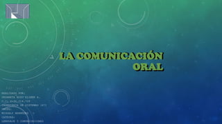 LA COMUNICACIÓN
ORAL
REALIZADO POR:
URDANETA BOZO ELIMER A.
C.I: V-30.214.726
INGENIERÍA DE SISTEMAS (47)
PROFE:
MIGDALY BERMÚDEZ
CATEDRA:
LENGUAJE Y COMUNICACIONES
LA COMUNICACIÓN
ORAL
 