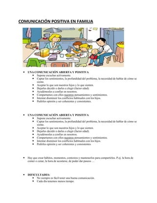 COMUNICACIÓN POSITIVA EN FAMILIA



UNA COMUNICACIÓN ABIERTA Y POSITIVA
 Supone escuchar activamente.
 Captar los sentimientos, la profundidad del problema, la necesidad de hablar de cómo se
siente.
 Aceptar lo que son nuestros hijos y lo que sienten.
 Dejarles decidir o darles a elegir (factor edad).
 Ayudémosles a confiar en nosotros.
 Compartamos con ellos nuestros pensamientos y sentimientos.
 Intentar disminuir los conflictos habituales con los hijos.
 Pedirles opinión y ser coherentes y consistentes.



UNA COMUNICACIÓN ABIERTA Y POSITIVA
 Supone escuchar activamente.
 Captar los sentimientos, la profundidad del problema, la necesidad de hablar de cómo se
siente.
 Aceptar lo que son nuestros hijos y lo que sienten.
 Dejarles decidir o darles a elegir (factor edad).
 Ayudémosles a confiar en nosotros.
 Compartamos con ellos nuestros pensamientos y sentimientos.
 Intentar disminuir los conflictos habituales con los hijos.
 Pedirles opinión y ser coherentes y consistentes.



Hay que crear hábitos, momentos, contextos y mantenerlos para compartirlos. P.ej. la hora de
comer o cenar, la hora de acostarse, de poder dar paseos …



DIFICULTADES:
 No siempre es fácil tener una buena comunicación.
 Cada día tenemos menos tiempo.

 