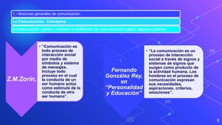 “
Z.M.Zorín,
• “Comunicación es
todo proceso de
interacción social
por medio de
símbolos y sistema
de mensajes.
Incluye todo
proceso en el cual
la conducta de un
ser humano actúa
como estímulo de la
conducta de otro
ser humano”.
5
1.- Nociones generales de comunicación:
La Comunicación. Conceptos.
A continuación vamos a conocer la definición de comunicación según algunos autores:
Fernando
González Rey,
en
“Personalidad
y Educación”
• “La comunicación es un
proceso de interacción
social a través de signos y
sistemas de signos que
surgen como producto de
la actividad humana. Los
hombres en el proceso de
comunicación expresan
sus necesidades,
aspiraciones, criterios,
emociones”.
 