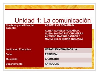 Unidad 1: La comunicación
Nombres y apellidos del
docente:
ARACELLYS ROMAÑA M.
ALBER AURELIA ROMAÑA P.
NUBIA SANTACRUZ CHAVERRA
ANTONIO MARINO SANTOS P
MARIA DEL C SERNA QUEJADA
Institución Educativa: HERACLIO MENA PADILLA
Sede: PRINCIPAL
Municipio: APARTADO
Departamento: ANTIOQUIA
 