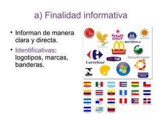 a) Finalidad informativa

Informan de manera
clara y directa.

Identificativas:
logotipos, marcas,
banderas.
 
