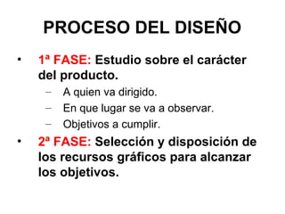 PROCESO DEL DISEÑO
•

1ª FASE: Estudio sobre el carácter
del producto.
–
–
–

•

A quien va dirigido.
En que lugar se va a observar.
Objetivos a cumplir.

2ª FASE: Selección y disposición de
los recursos gráficos para alcanzar
los objetivos.

 
