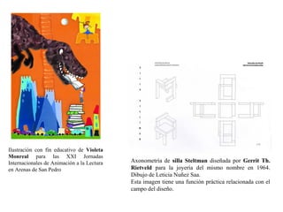 Ilustración con fin educativo de Violeta
Monreal para las XXI Jornadas
Internacionales de Animación a la Lectura
en Arenas de San Pedro

Axonometría de silla Steltman diseñada por Gerrit Th.
Rietveld para la joyería del mismo nombre en 1964.
Dibujo de Leticia Nuñez Saa.
Esta imagen tiene una función práctica relacionada con el
campo del diseño.

 