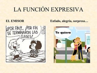 LA FUNCIÓN EXPRESIVA
EL EMISOR

Enfado, alegría, sorpresa…

 