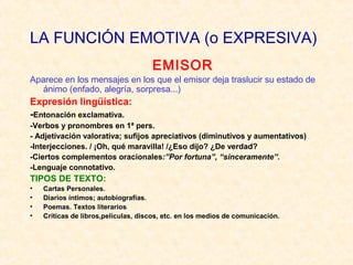 LA FUNCIÓN EMOTIVA (o EXPRESIVA)
EMISOR

Aparece en los mensajes en los que el emisor deja traslucir su estado de
ánimo (enfado, alegría, sorpresa...)

Expresión lingüística:
-Entonación exclamativa.
-Verbos y pronombres en 1ª pers.
- Adjetivación valorativa; sufijos apreciativos (diminutivos y aumentativos)
-Interjecciones. / ¡Oh, qué maravilla! /¿Eso dijo? ¿De verdad?
-Ciertos complementos oracionales:”Por fortuna”, “sinceramente”.
-Lenguaje connotativo.

TIPOS DE TEXTO:
•
•
•
•

Cartas Personales.
Diarios íntimos; autobiografías.
Poemas. Textos literarios
Críticas de libros,películas, discos, etc. en los medios de comunicación.

 