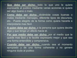 • Que debe ser dicho: todo lo que uno le quiera
  expresarle al publico mediante varias acciones si quiere
  ser algo bueno o malo.
• Como debe ser dicho: diciéndole cosas buenas o
  malas mediante mensajes, diferente tipos de discursos,
  etc. Puede elegirlo de la forma como quiera hacerla e
  interpretarla mas fácil.
• A quien debe ser dicho: a la persona que quiera decirle
  algo y que tenga un afecto hacia el.
• Por que medio debe ser dicho: por el medio que le
  quede mas fácil y le facilite expresarlo mejor y que sea
  una forma entendible y comprensiva.
• Cuando debe ser dicho: cuando sea el momento
  apropiado y de una forma coherente y no genere
  ninguna duda al publico
 