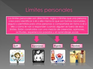 Los límites personales son directrices, reglas o límites que una persona
crea para identificar a él o ella misma lo que son formas razonables,
segura y permitida para otras personas a comportarse en torno a él o
ella y cómo le van a responder cuando alguien se fuera de esos
límites. Están construidas con una mezcla de creencias, opiniones,
actitudes, experiencias pasadas y el aprendizaje social.
Soft Esponjoso Rígido Flexible
 