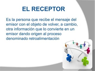 EL RECEPTOR
Es la persona que recibe el mensaje del
emisor con el objeto de volver, a cambio,
otra información que lo convierte en un
emisor dando origen al proceso
denominado retroalimentación
 