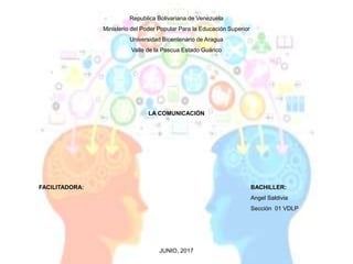 Republica Bolivariana de Venezuela
Ministerio del Poder Popular Para la Educación Superior
Universidad Bicentenario de Aragua
Valle de la Pascua Estado Guárico
LA COMUNICACIÓN
FACILITADORA: BACHILLER:
Angel Saldivia
Sección 01 VDLP
JUNIO, 2017
 