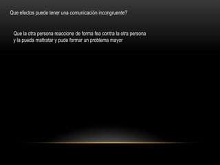 Que efectos puede tener una comunicación incongruente?


 Que la otra persona reaccione de forma fea contra la otra persona
 y la pueda maltratar y pude formar un problema mayor
 