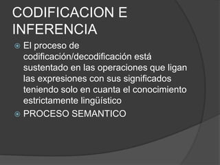 CODIFICACION E INFERENCIAEl proceso de codificación/decodificación está sustentado en las operaciones que ligan las expresiones con sus significados teniendo solo en cuanta el conocimiento estrictamente lingüísticoPROCESO SEMANTICO