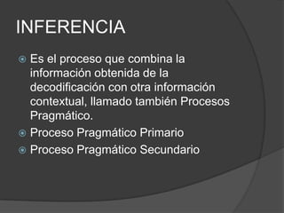INFERENCIAEs el proceso que combina la información obtenida de la decodificación con otra información contextual, llamado también Procesos Pragmático.Proceso Pragmático PrimarioProceso Pragmático Secundario
