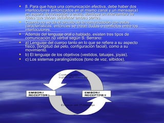  8. Para que haya una comunicación efectiva, debe haber dos8. Para que haya una comunicación efectiva, debe haber dos
interlocutores sintonizados en el mismo canal y un mensaje(s)interlocutores sintonizados en el mismo canal y un mensaje(s)
en espera de recepción o envió, dándose un intercambio deen espera de recepción o envió, dándose un intercambio de
ideas que deben satisfacer ambas partes.ideas que deben satisfacer ambas partes.
 Cuando no se da el circuito de la comunicación con estasCuando no se da el circuito de la comunicación con estas
características, entonces se crean dudas o conflictos entre loscaracterísticas, entonces se crean dudas o conflictos entre los
interlocutores.interlocutores.
 Además del lenguaje oral o hablado, existen tres tipos deAdemás del lenguaje oral o hablado, existen tres tipos de
comunicación no verbal según S. Serrano:comunicación no verbal según S. Serrano:
 a) Lenguaje del cuerpo tanto en lo que se refiere a su aspectoa) Lenguaje del cuerpo tanto en lo que se refiere a su aspecto
físico, (longitud del pelo, configuración facial), como a sufísico, (longitud del pelo, configuración facial), como a su
movimiento.movimiento.
 b) El lenguaje de los objetivos (vestidos, tatuajes, joyas).b) El lenguaje de los objetivos (vestidos, tatuajes, joyas).
 c) Los sistemas paralingüisticos (tono de voz, silbidos).c) Los sistemas paralingüisticos (tono de voz, silbidos).
 