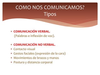  COMUNICACIÓN VERBAL.
(Palabras e inflexión de voz).
 COMUNICACIÓN NO VERBAL.
 Contacto visual
 Gestos faciales (expresión de la cara)
 Movimientos de brazos y manos
 Postura y distancia corporal
COMO NOS COMUNICAMOS?
Tipos
 