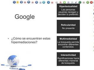 Google
• ¿Cómo se encuentran estas
hipermediaciones?
Hipertextualidad
Las personas
usuarias navegan y
deciden lo preferido.
Reticularidad
No presente
Multimedialidad
La búsqueda permite
encontrar diferentes
contenidos.
Interactividad
Ramificaciones hacia
diferentes maneras
de búsqueda.
 