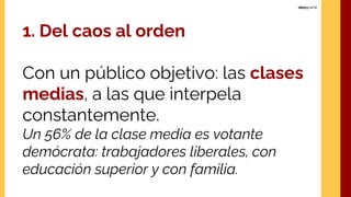 1. Del caos al orden
Con un público objetivo: las clases
medias, a las que interpela
constantemente.
Un 56% de la clase media es votante
demócrata: trabajadores liberales, con
educación superior y con familia.
 