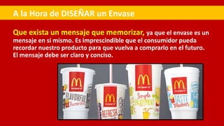 Que exista un mensaje que memorizar, ya que el envase es un
mensaje en sí mismo. Es imprescindible que el consumidor pueda
recordar nuestro producto para que vuelva a comprarlo en el futuro.
El mensaje debe ser claro y conciso.
A la Hora de DISEÑAR un Envase
 