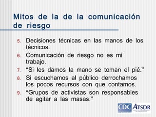 .5 Decisiones técnicas en las manos de los
.técnicos
.6 Comunicación de riesgo no es mi
.trabajo
.7 “ .”Si les damos la mano se toman el pié
.8 Si escuchamos al público derrochamos
.los pocos recursos con que contamos
.9 “Grupos de activistas son responsables
.”de agitar a las masas
Mitos de la de la comunicación
de riesgo
 