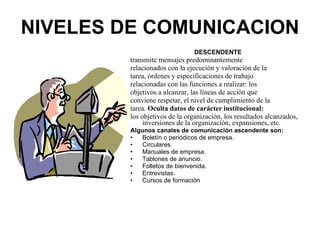 NIVELES DE COMUNICACION DESCENDENTE transmite mensajes predominantemente relacionados con la ejecución y valoración de la tarea, órdenes y especificaciones de trabajo relacionadas con las funciones a realizar: los objetivos a alcanzar, las líneas de acción que conviene respetar, el nivel de cumplimiento de la tarea.  Oculta datos de carácter institucional:   los objetivos de la organización, los resultados alcanzados, inversiones de la organización, expansiones, etc.  Algunos canales de comunicación ascendente son: Boletín o periódicos de empresa. Circulares. Manuales de empresa. Tablones de anuncio. Folletos de bienvenida. Entrevistas. Cursos de formación  
