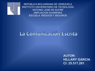 REPÚBLICA BOLIVARIANA DE VENEZUELA
INSTITUTO UNIVERSITARIO DE TECNOLOGÍA
“ANTONIO JOSÉ DE SUCRE”
AMPLIACION GUARENAS
ESCUELA: RIESGOS Y SEGUROS
 
